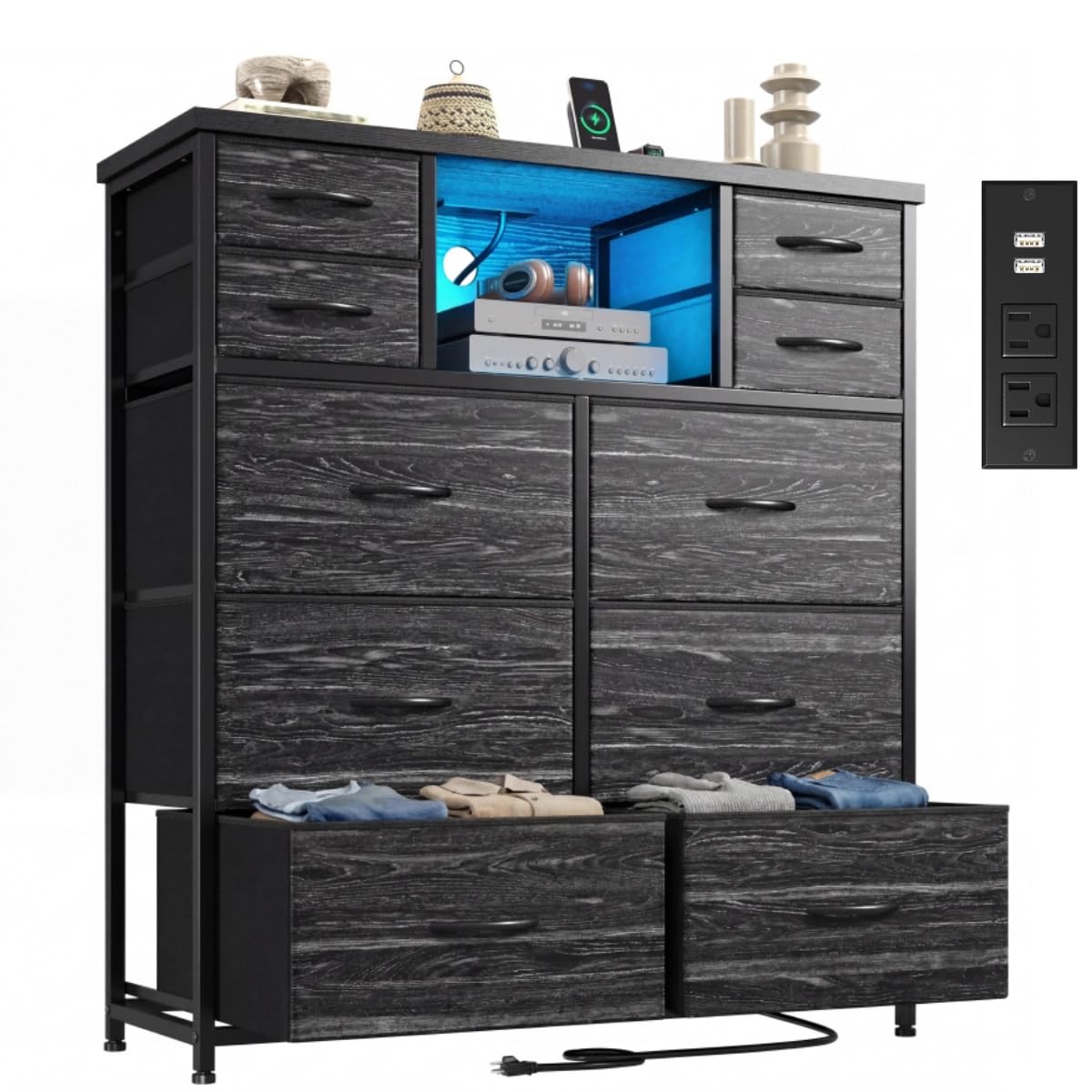 Black 10 Drawer Dresser with Charging Station Y583554