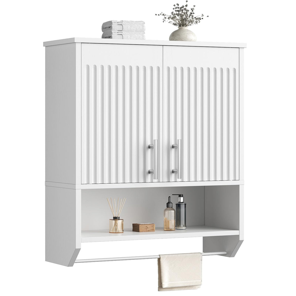 White Fluted Bathroom Wall Cabinet with Towel Rack G834