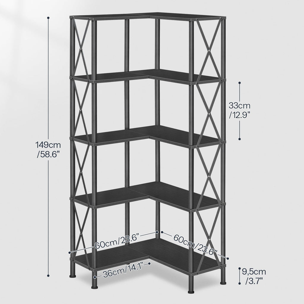 Black 5-Tier L-Shaped Corner Bookshelf O7718