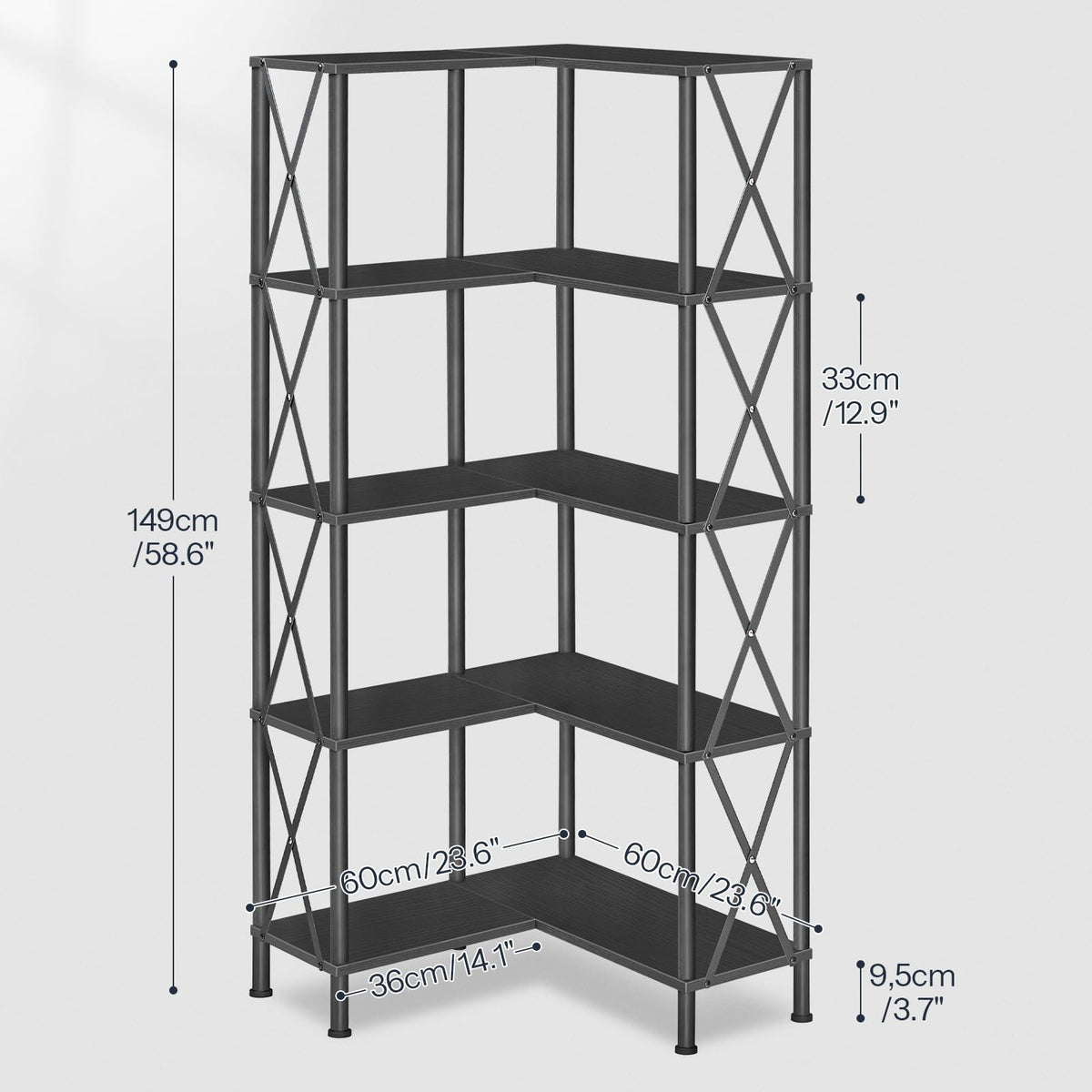 Black 5-Tier L-Shaped Corner Bookshelf O7718