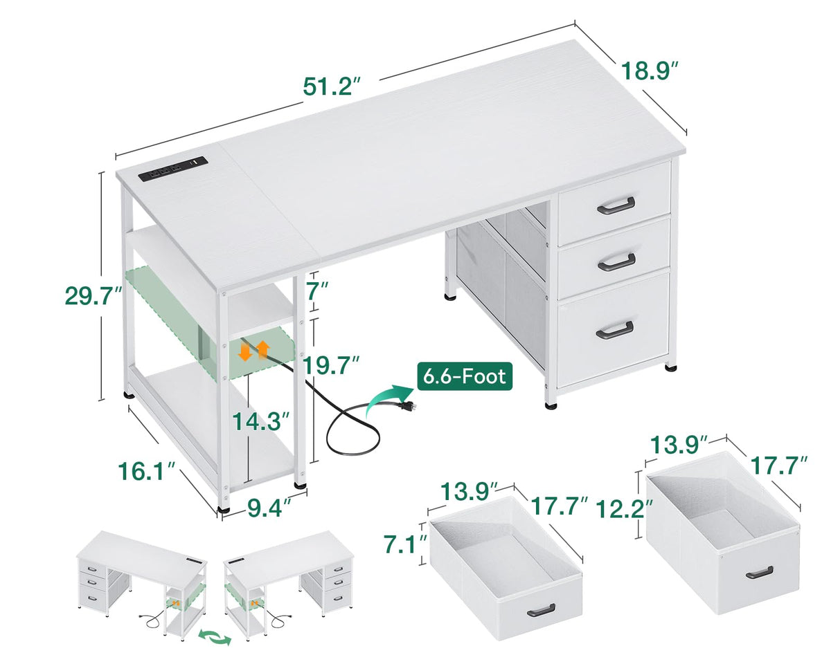 51 Inch White Computer Desk with Drawers T832