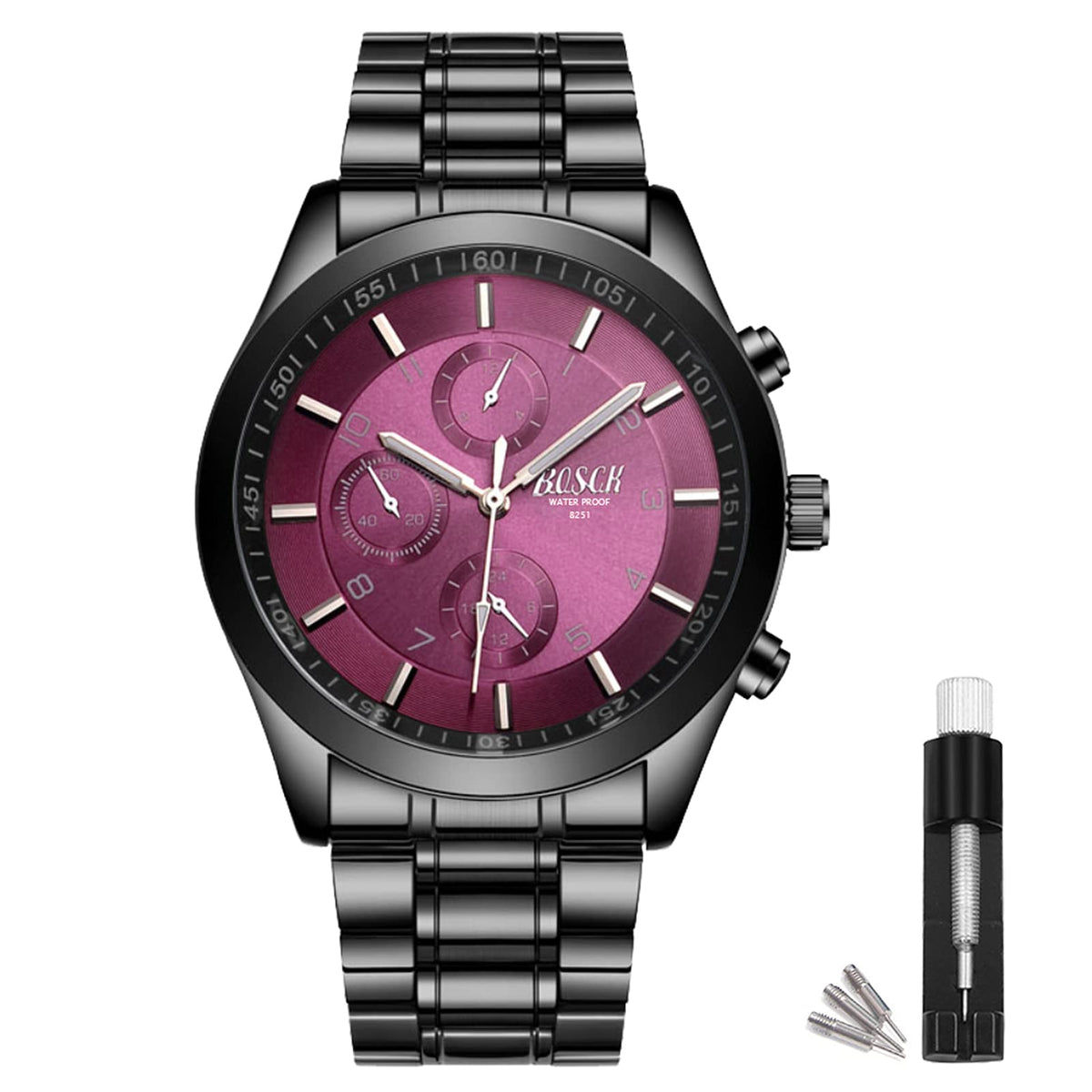 40mm Analog Watch with Auto Date & Day Display, Stainless Steel, 30M Waterproof P500344