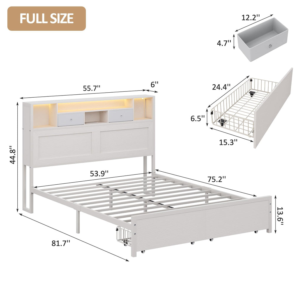 White Full Bed Frame with Storage Headboard and Drawers R51289