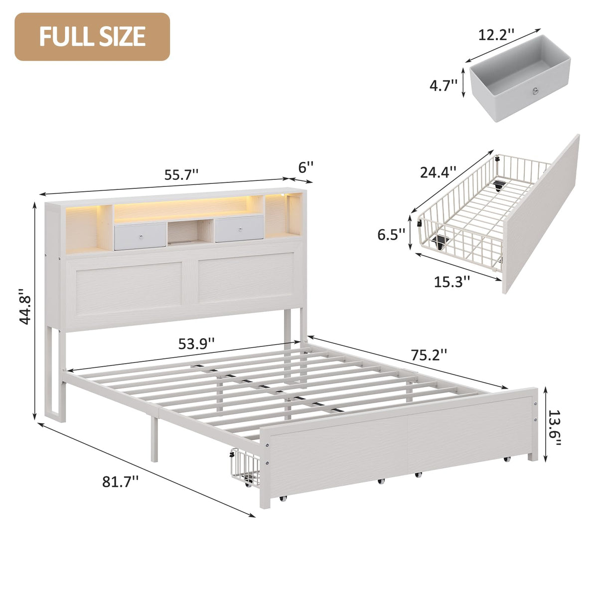 White Full Bed Frame with Storage Headboard and Drawers R51289