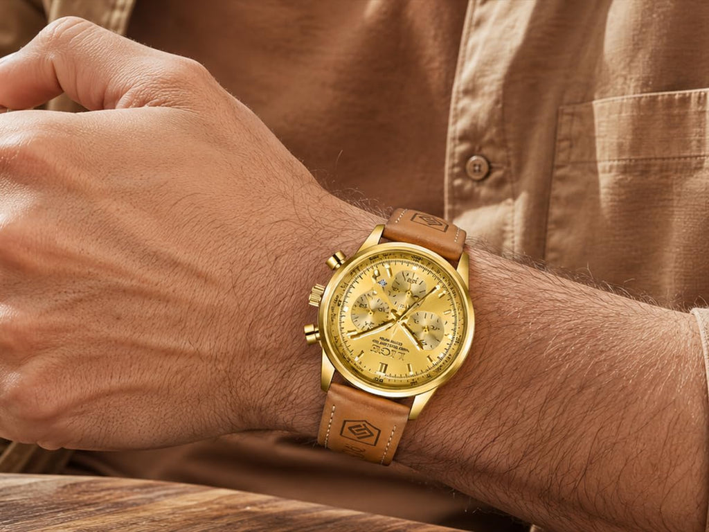 Gold-Tone Quartz Chronograph Watch Brown Leather Strap U607