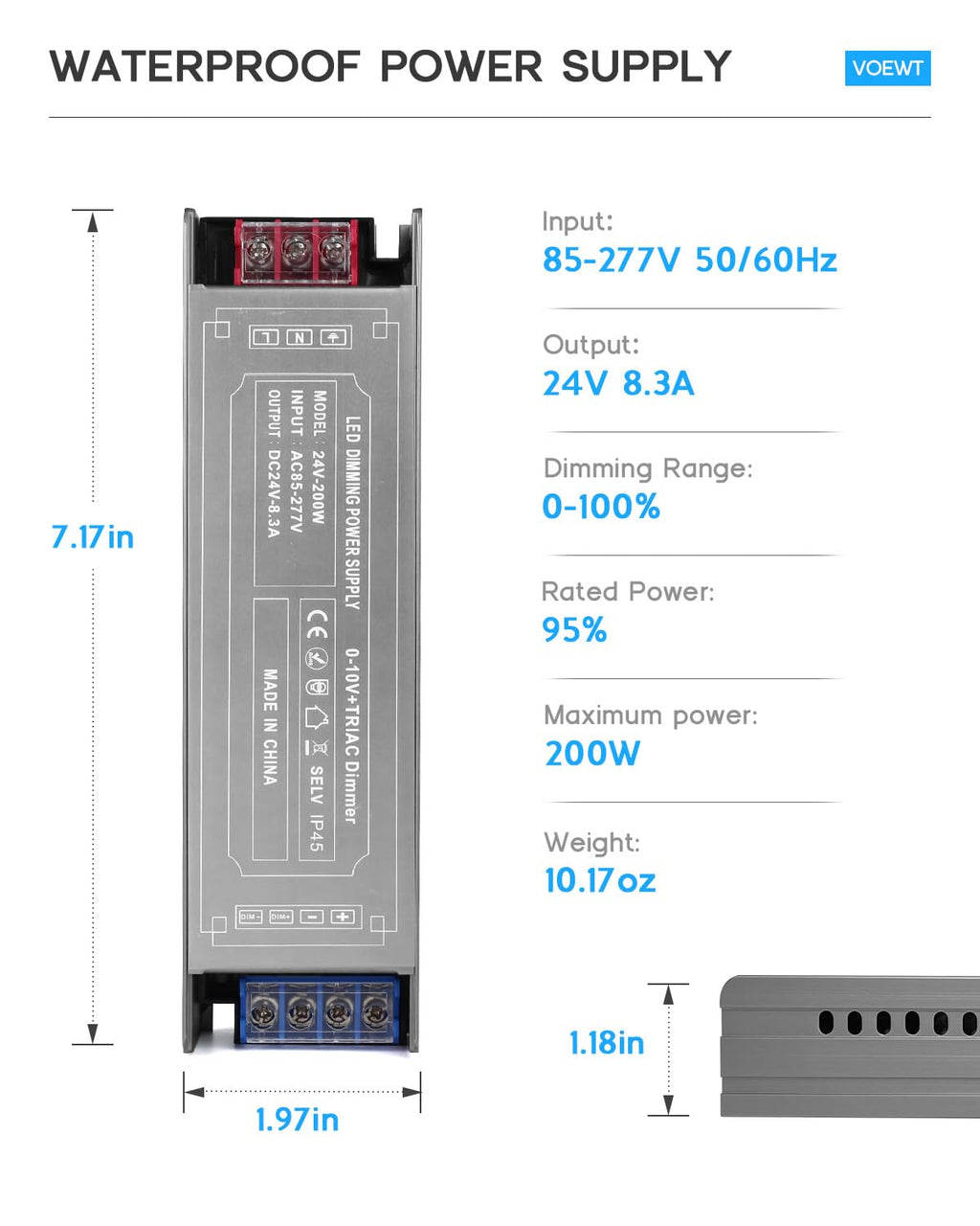 200 Watts Dimmable LED Driver 85V-277V AC to 24V DC Converter H91667