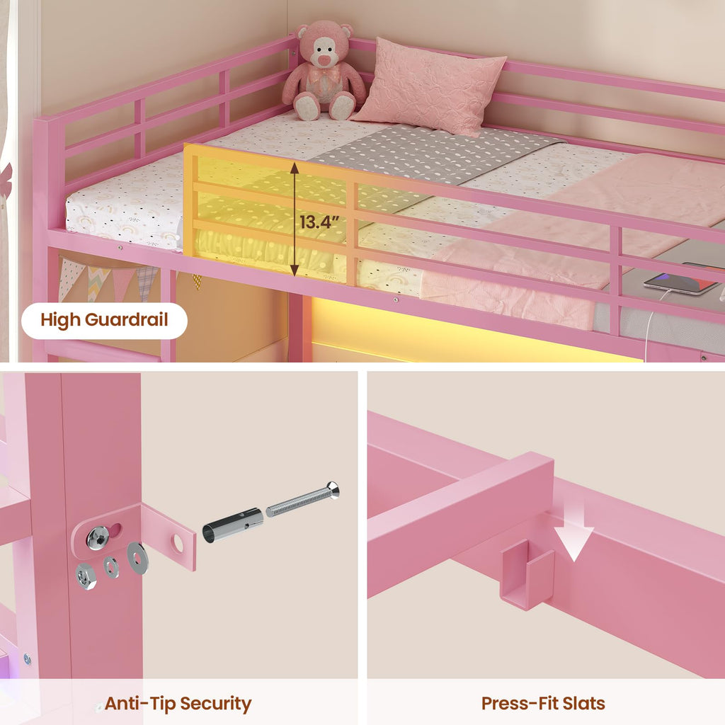 Pink Twin Over Twin Bunk Bed with Bookshelf & Storage Drawer O2541