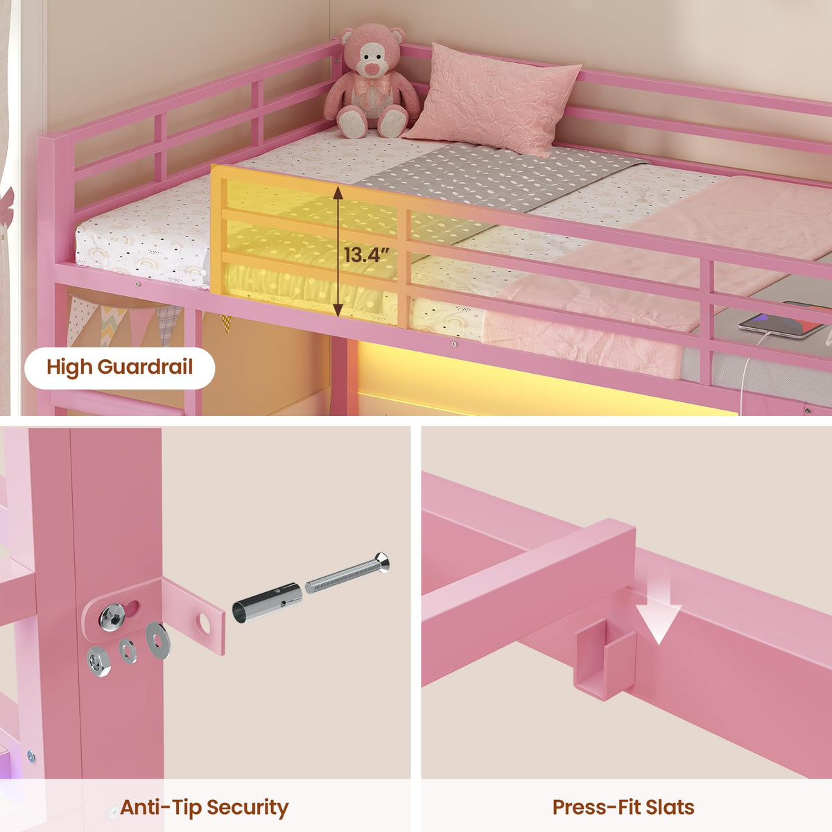 Pink Twin Over Twin Bunk Bed with Bookshelf & Storage Drawer O2541