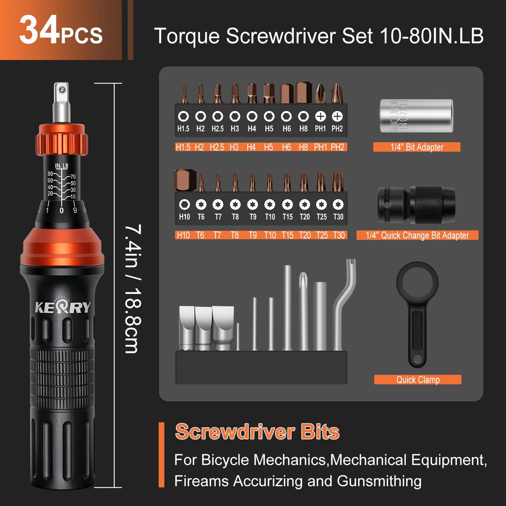1/4 Inch Pound Torque Screwdriver Set, 10-80 In-Lb, 34-Pieces Bits A4242