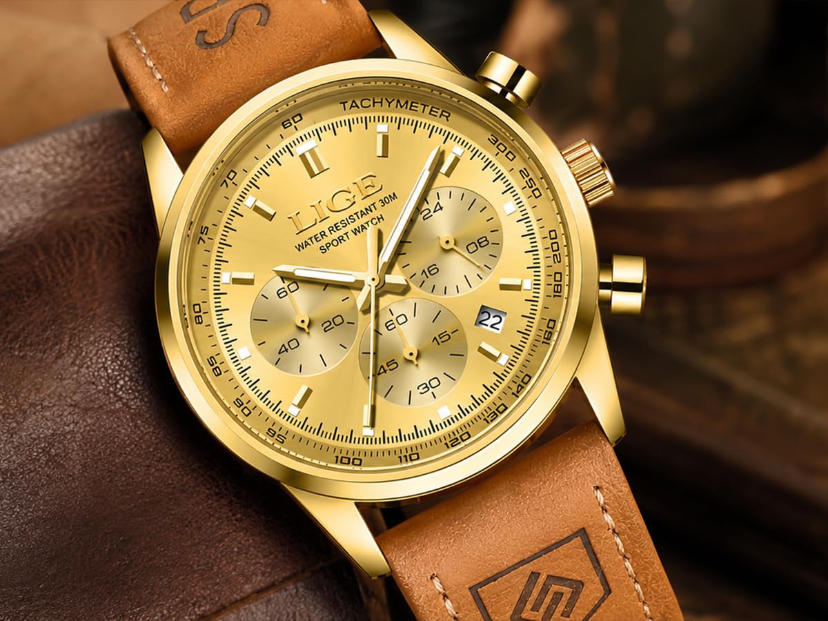Gold-Tone Quartz Chronograph Watch Brown Leather Strap U607