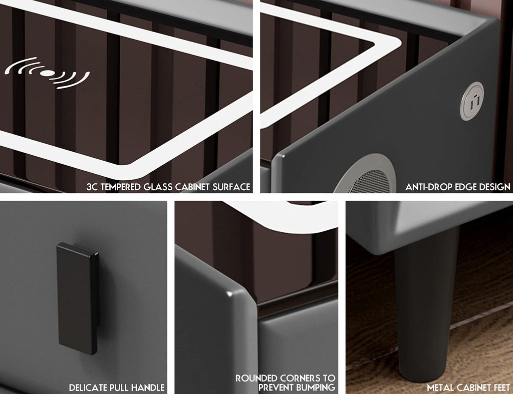 Grey Three Drawers Nightstand with Fingerprint Lock and Wireless Charging U38664