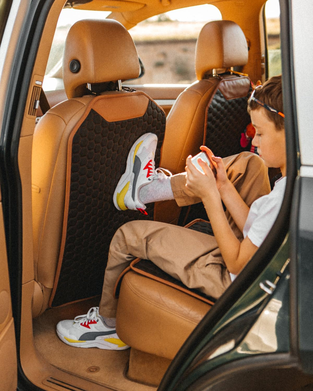 Black-Brown Backless Booster Seat, Waterproof Leather Seat Protector & Kick Mat Set H95743