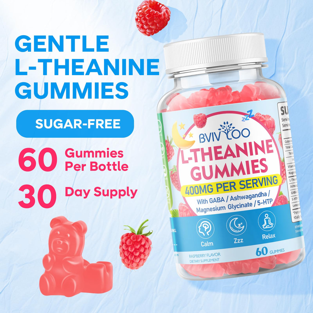 L-Theanine Gummies with Ashwagandha, GABA, 5-HTP, Magnesium Glycinate, Raspberry, 60 Count S5995