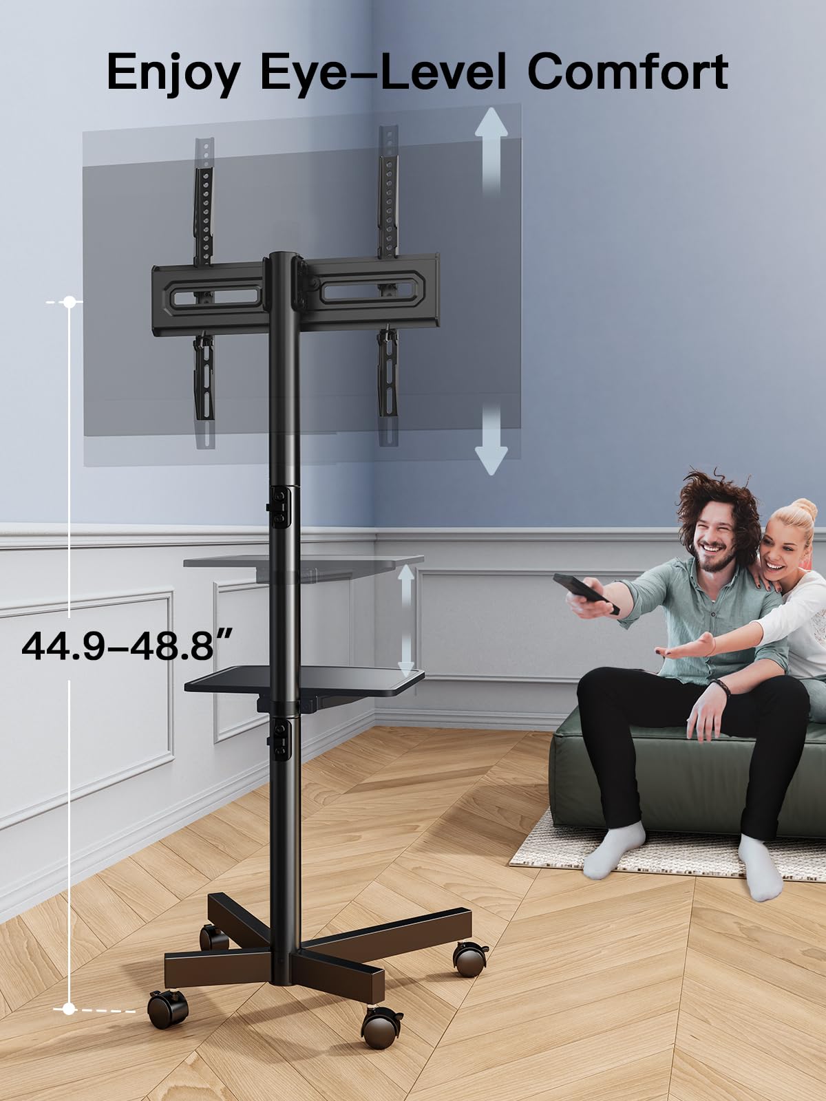 Rolling TV Stand on Wheels for 23-65 Inch TVs, Tilt Mobile TV Cart Holds up to 99 lbs with Adjustable Height Shelf T800