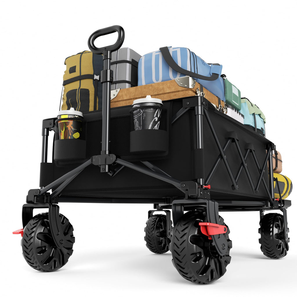 26" Extra Wide All Terrain Folding Wagon with Big Wheels, Cargo Net & Tailgate, 400lbs Heavy Duty Collapsible Cart, Black V764
