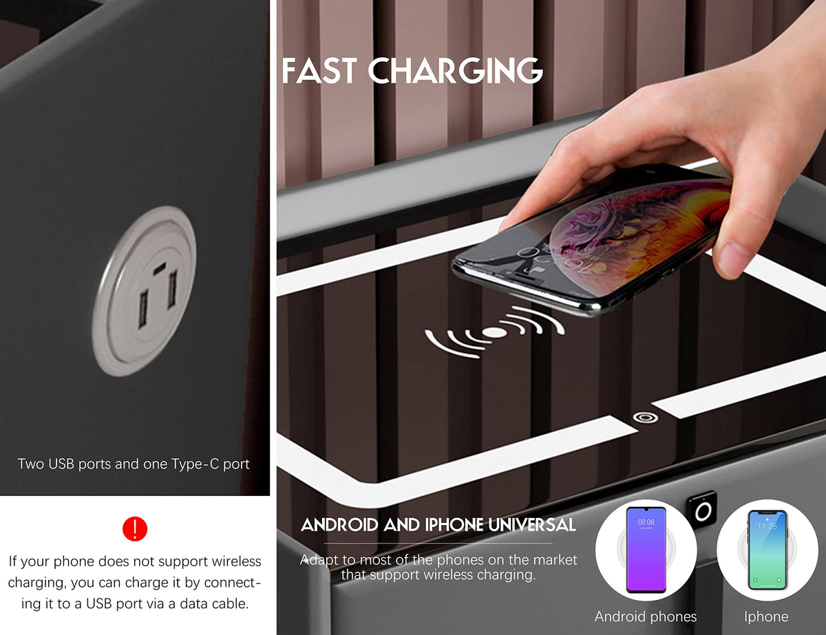 Grey Three Drawers Nightstand with Fingerprint Lock and Wireless Charging U38664