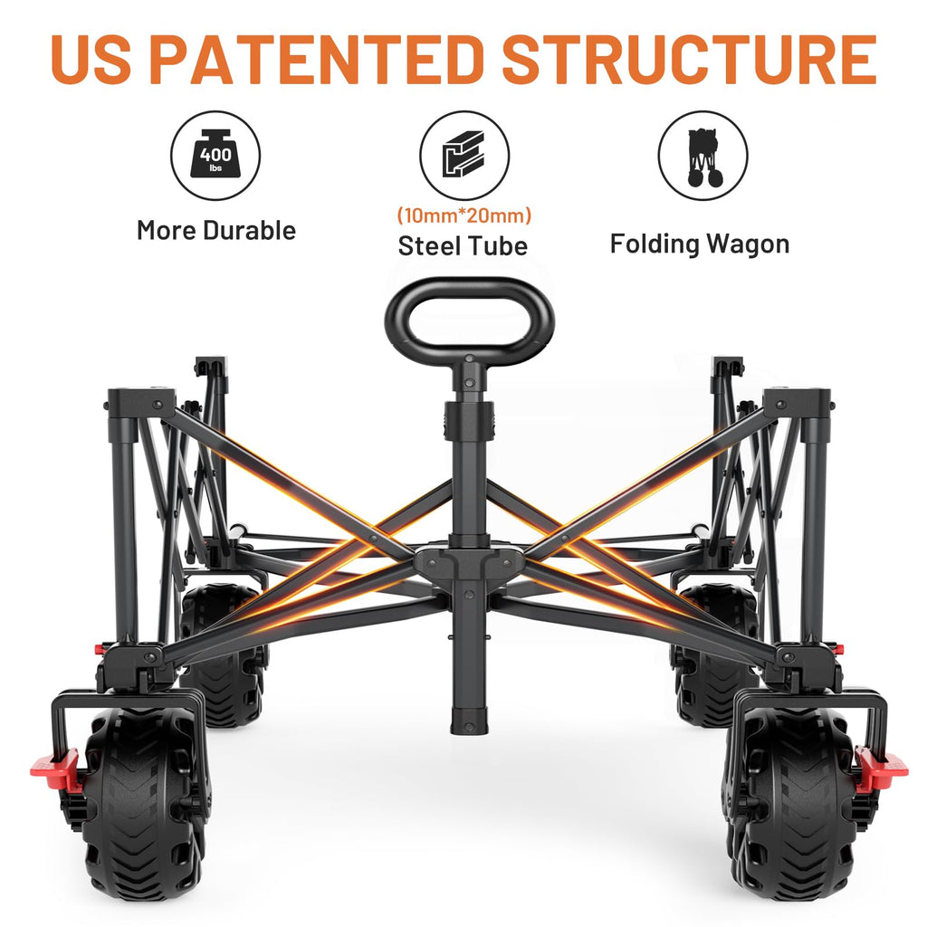 26" Extra Wide All Terrain Folding Wagon with Big Wheels, Cargo Net & Tailgate, 400lbs Heavy Duty Collapsible Cart, Black V764