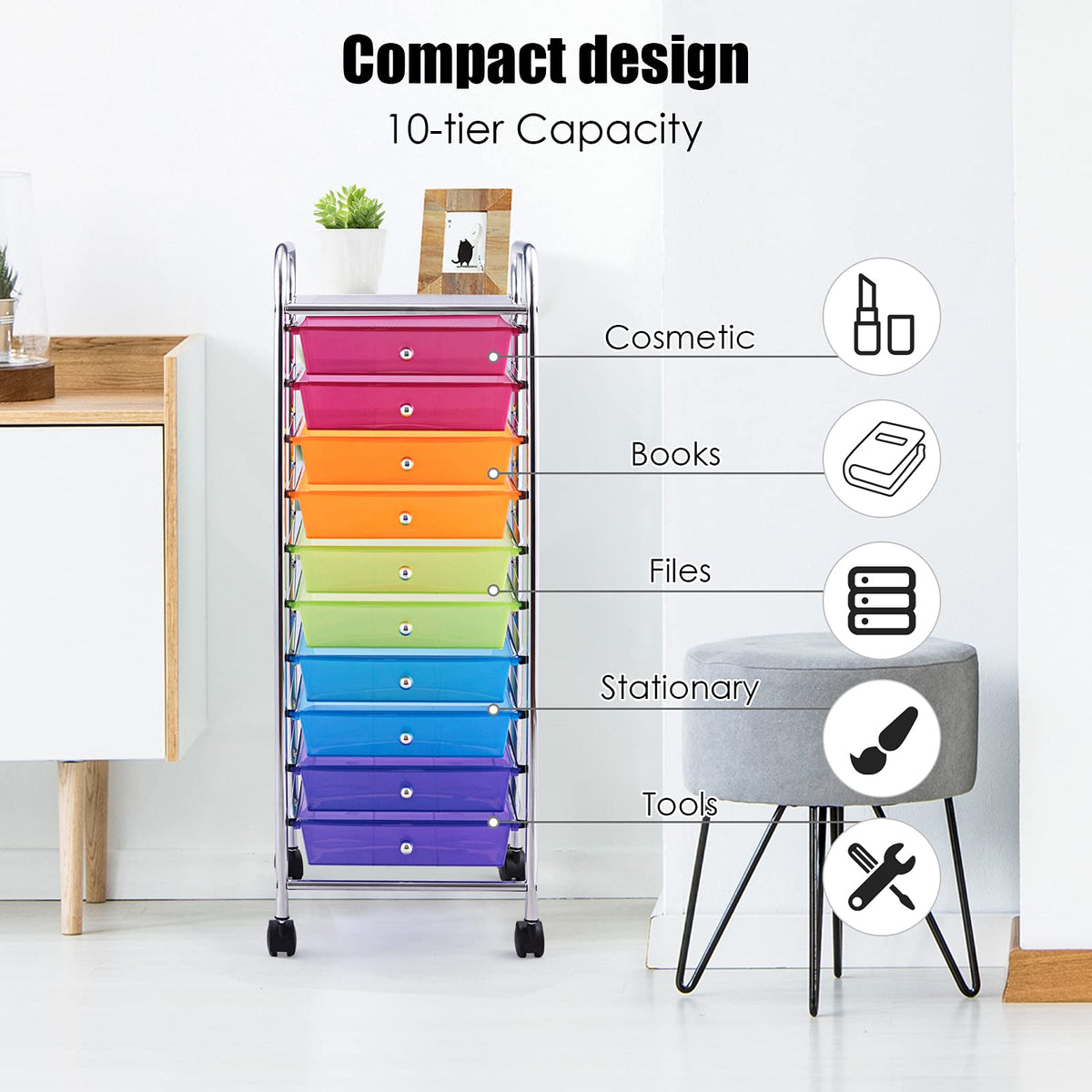 10 Drawer Rolling Storage Cart with Lockable Wheels W914