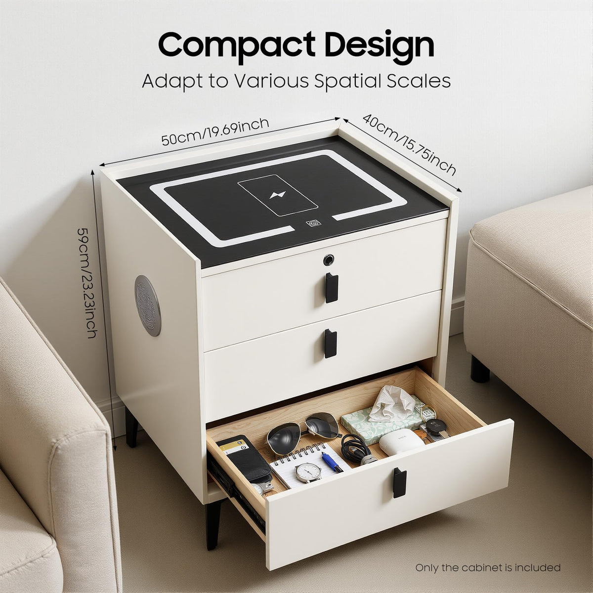 Beige 3 Drawer Smart Nightstand with Fingerprint Lock Z9239