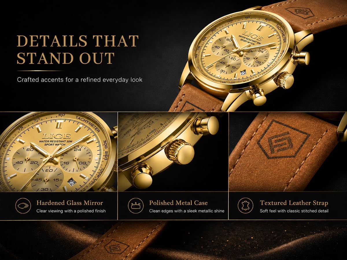 Gold-Tone Quartz Chronograph Watch Brown Leather Strap U607