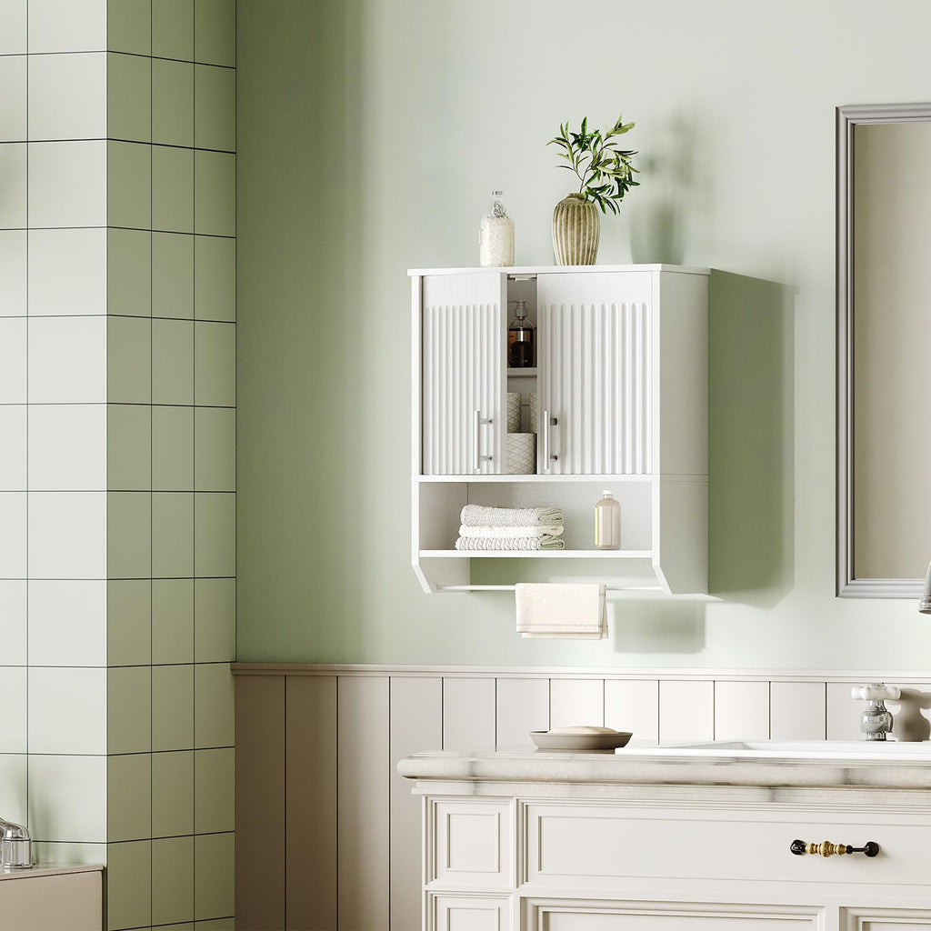 White Fluted Bathroom Wall Cabinet with Towel Rack G834