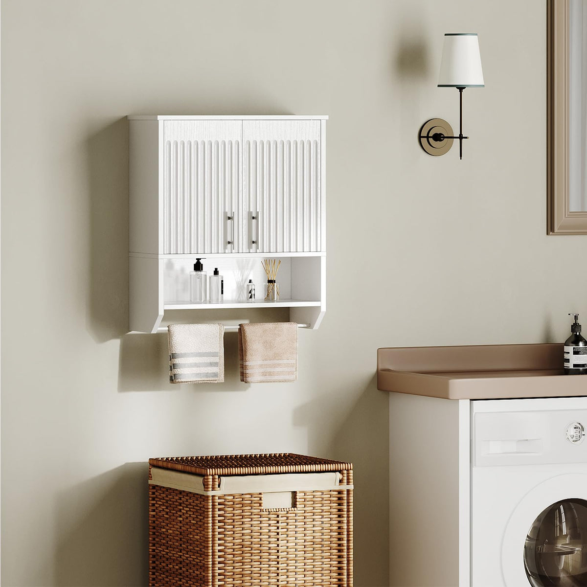 White Fluted Bathroom Wall Cabinet with Towel Rack G834