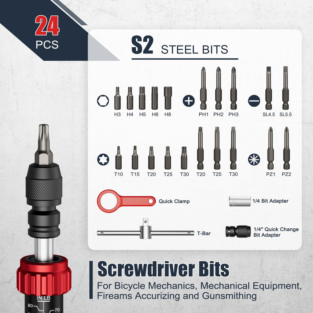 Torque Screwdriver, 10-80 In-lb, 24 Piece K81054