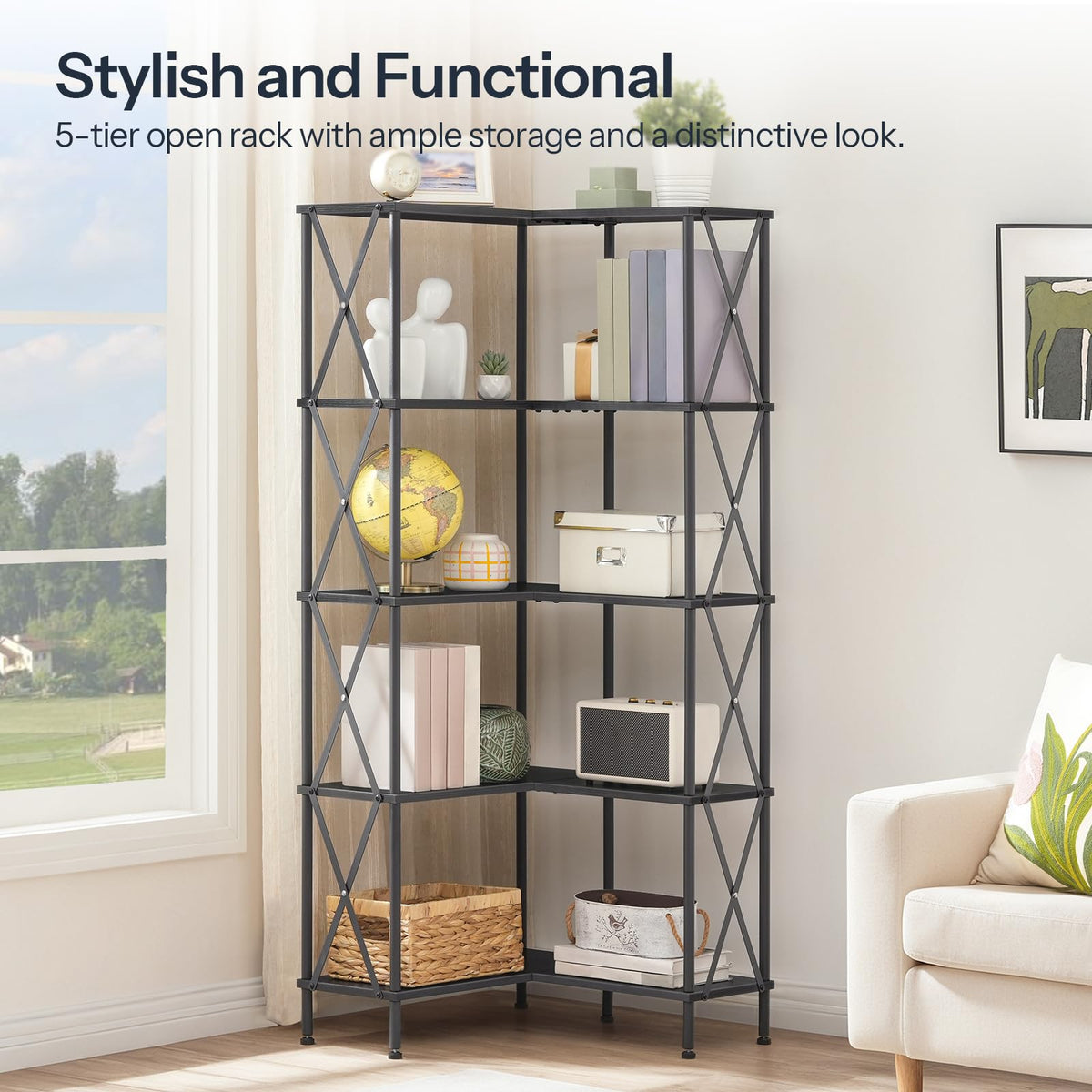 Black 5-Tier L-Shaped Corner Bookshelf O7718