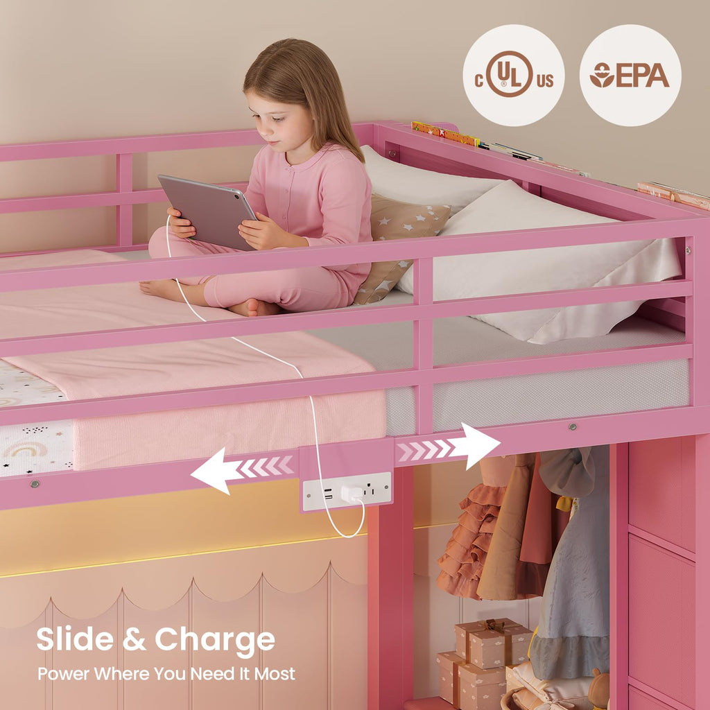 Pink Twin Over Twin Bunk Bed with Bookshelf & Storage Drawer O2541
