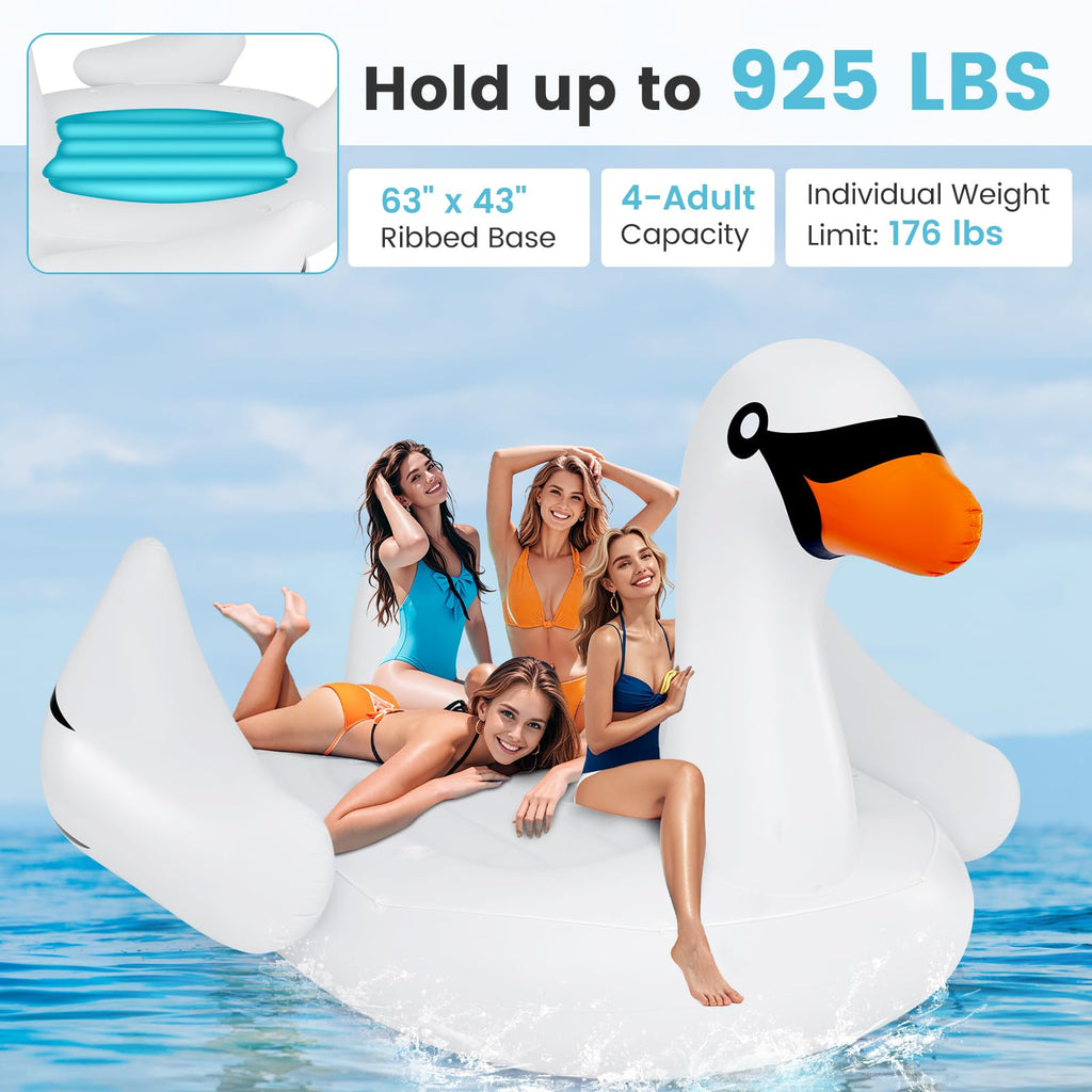 Giant Inflatable Swan Pool Float with 4 Cup Holders J1348