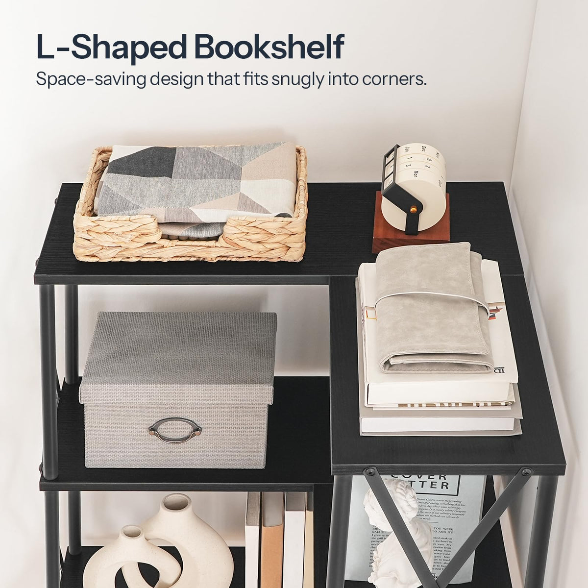 Black 5-Tier L-Shaped Corner Bookshelf O7718