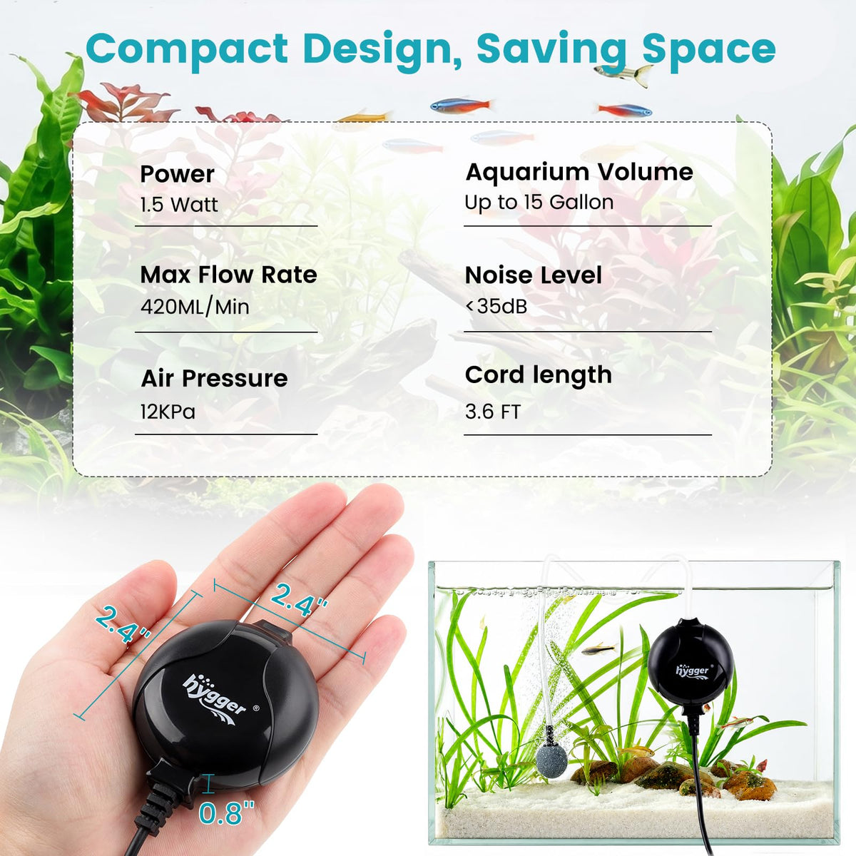 Quiet Mini Aquarium Air Pump 1.5 Watt with Air Stone Black U74311