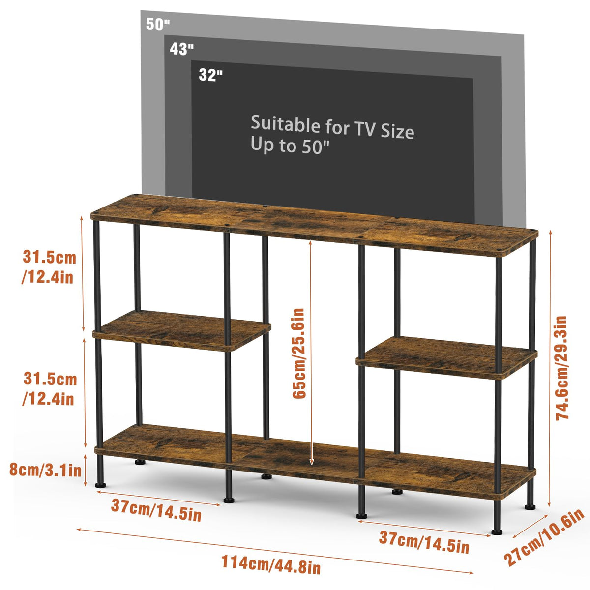 Brown 3 Tier Wood TV Stand with Storage Shelf T340000
