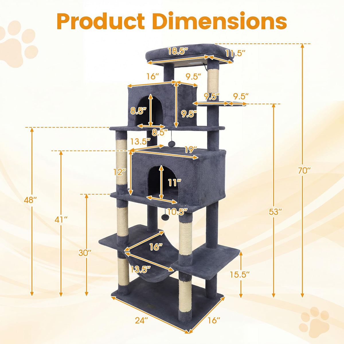 70-inch Multi-Level Cat Tree with Condos and Hammock O7587