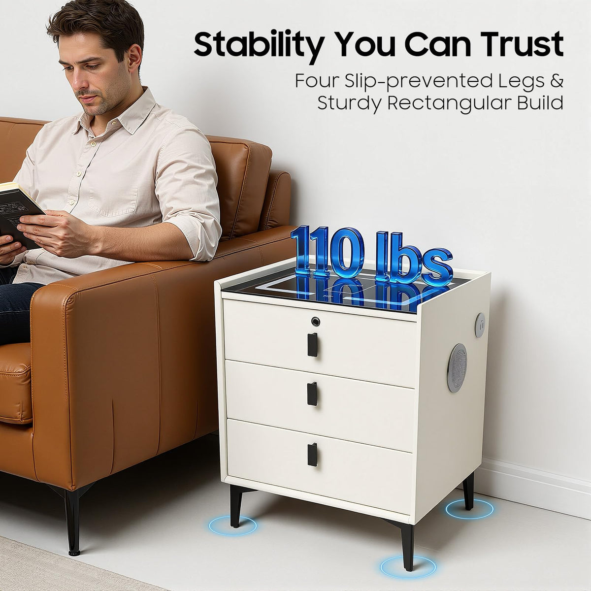 Beige 3 Drawer Smart Nightstand with Fingerprint Lock Z9239