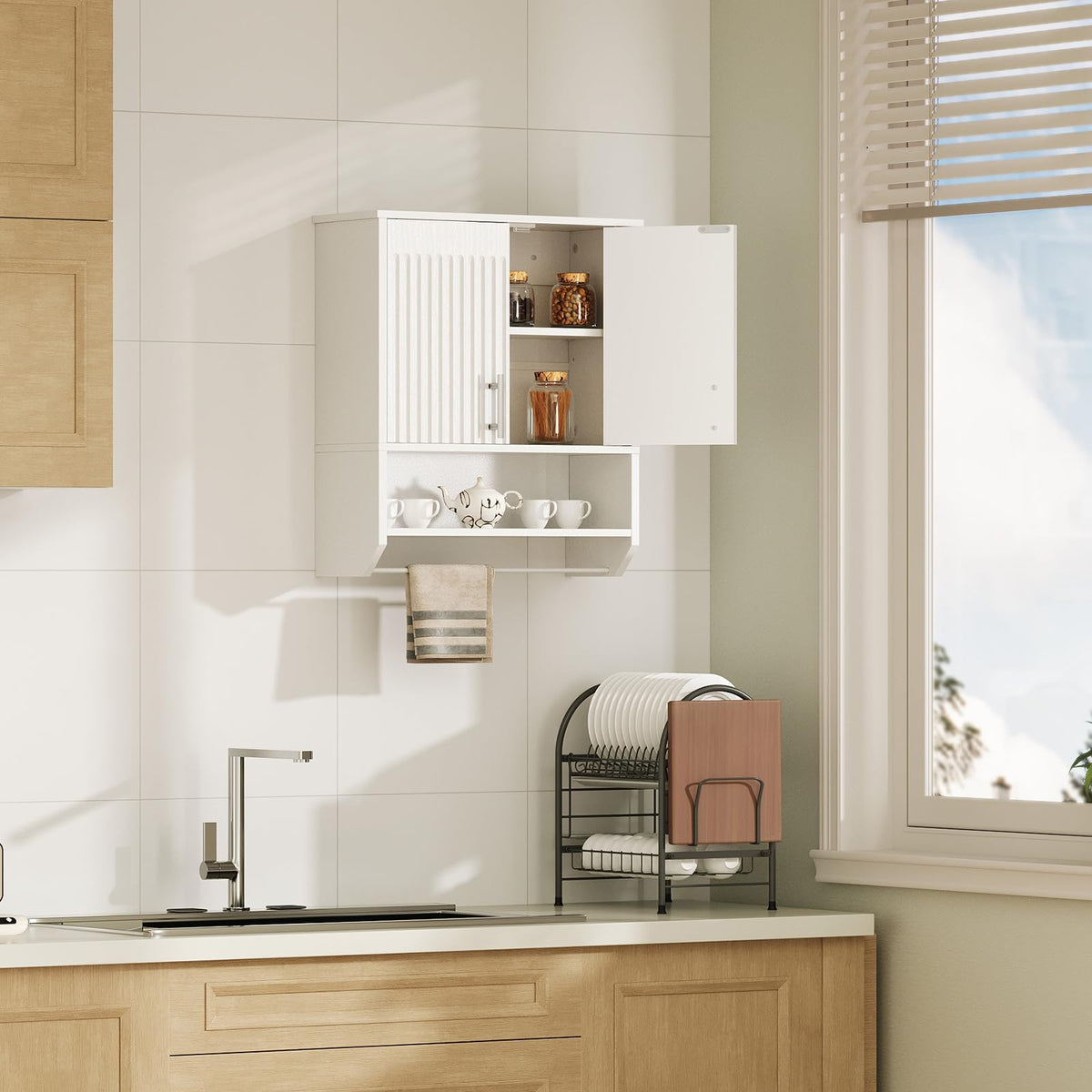 White Fluted Bathroom Wall Cabinet with Towel Rack G834