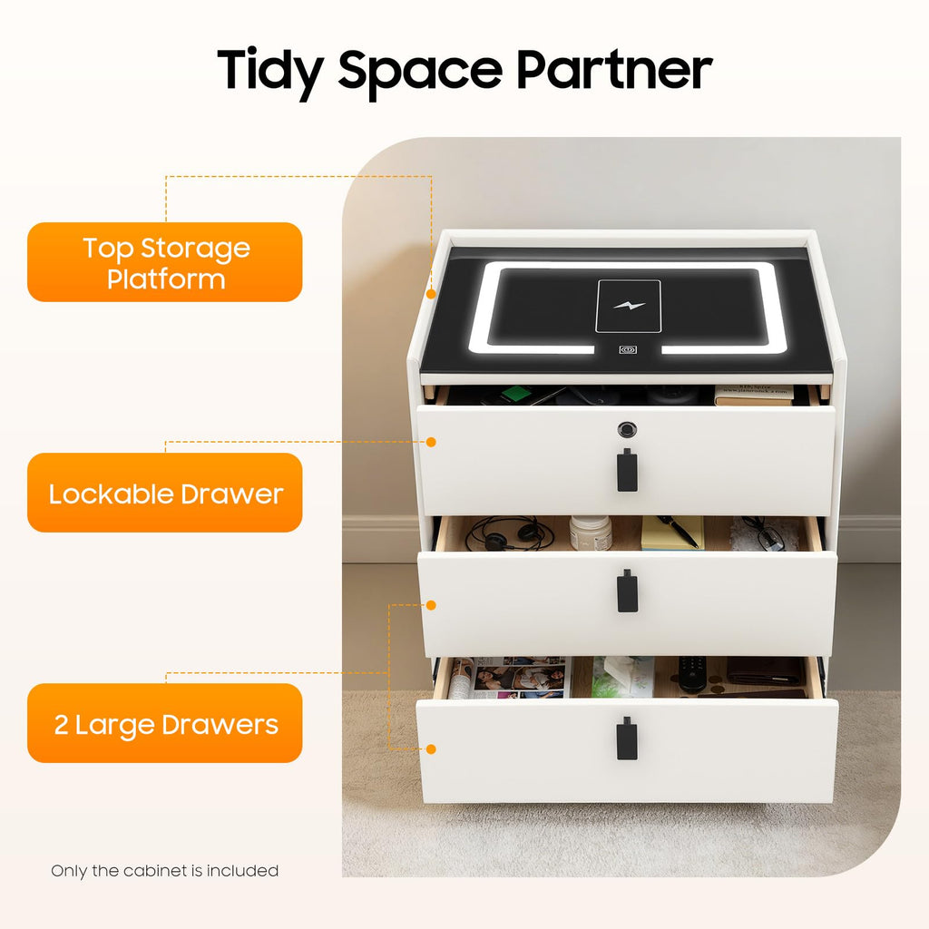Beige 3 Drawer Smart Nightstand with Fingerprint Lock Z9239