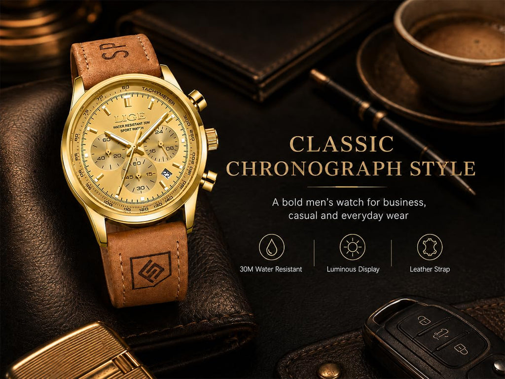 Gold-Tone Quartz Chronograph Watch Brown Leather Strap U607