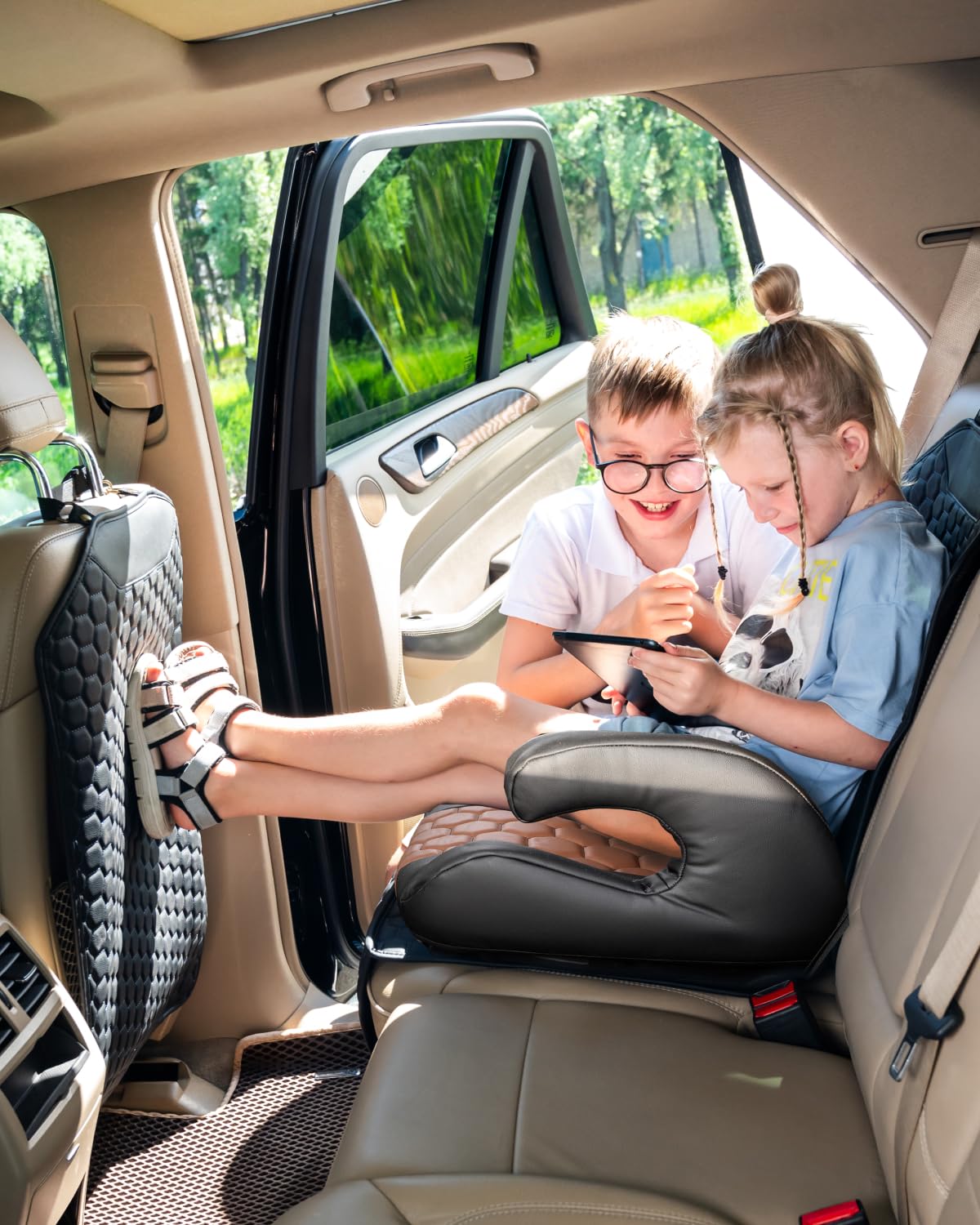 Black-Brown Backless Booster Seat, Waterproof Leather Seat Protector & Kick Mat Set H95743