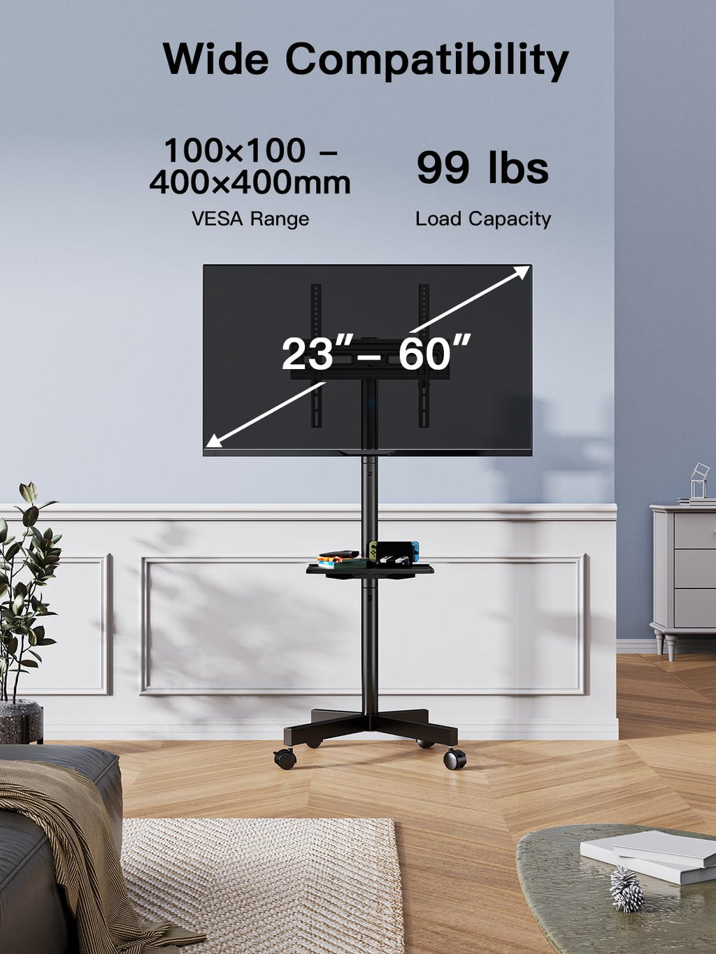 Rolling TV Stand on Wheels for 23-65 Inch TVs, Tilt Mobile TV Cart Holds up to 99 lbs with Adjustable Height Shelf T800