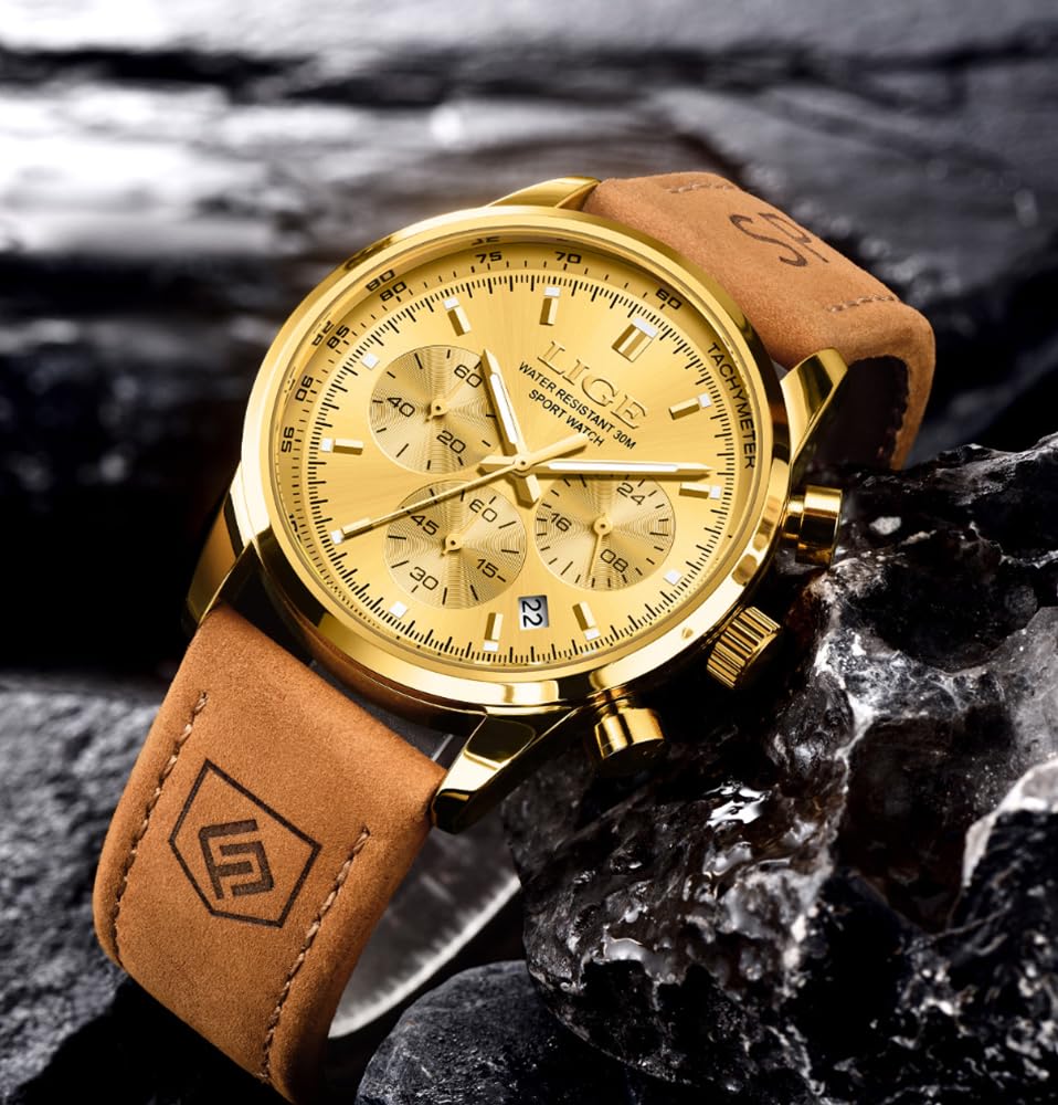 Gold-Tone Quartz Chronograph Watch Brown Leather Strap U607