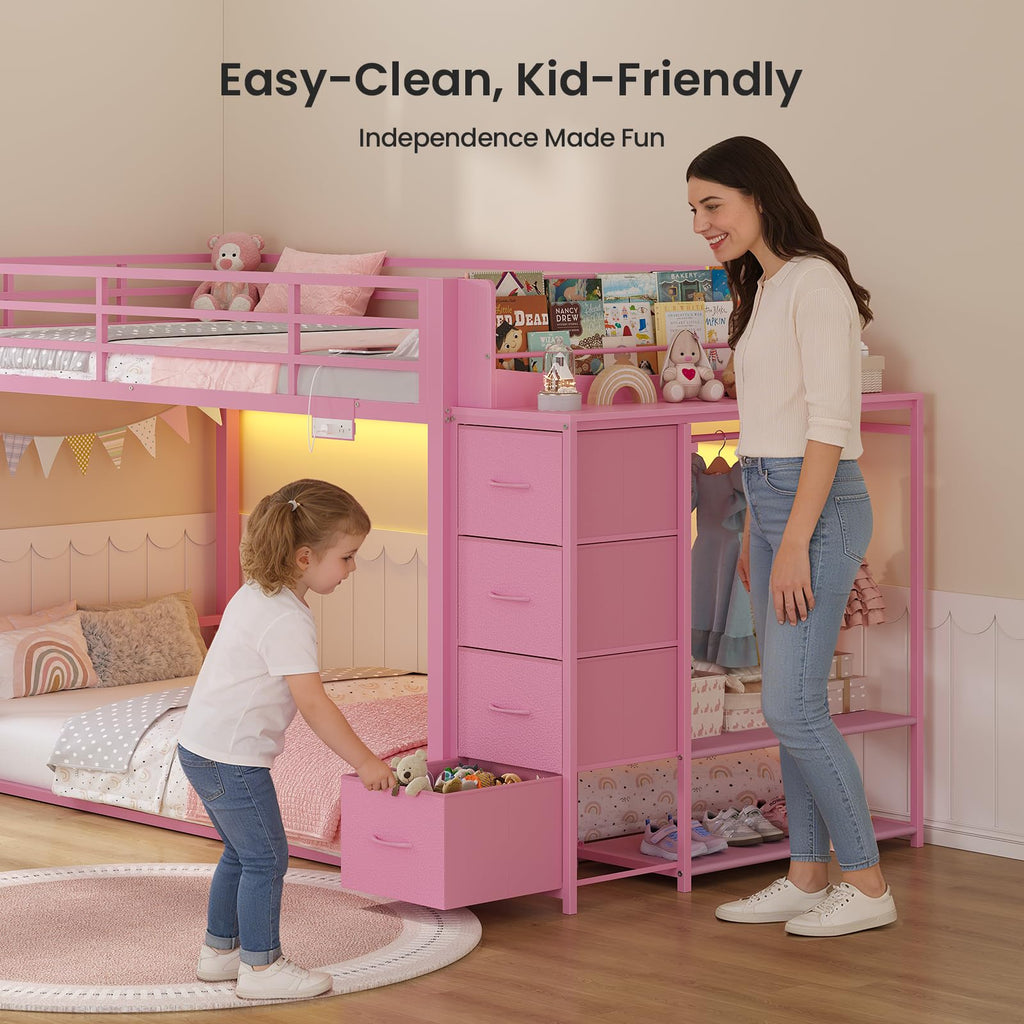 Pink Twin Over Twin Bunk Bed with Bookshelf & Storage Drawer O2541