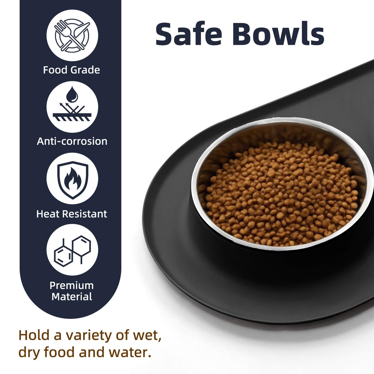 Stainless Steel Cat Food Bowls with Non-Slip Mat, 1.5 Cups Each V720