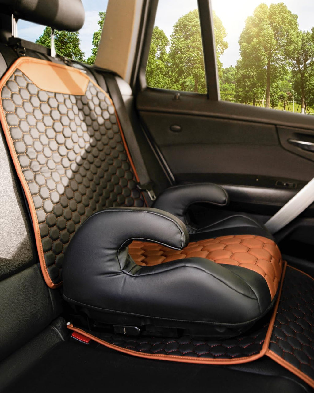 Black-Brown Backless Booster Seat, Waterproof Leather Seat Protector & Kick Mat Set H95743