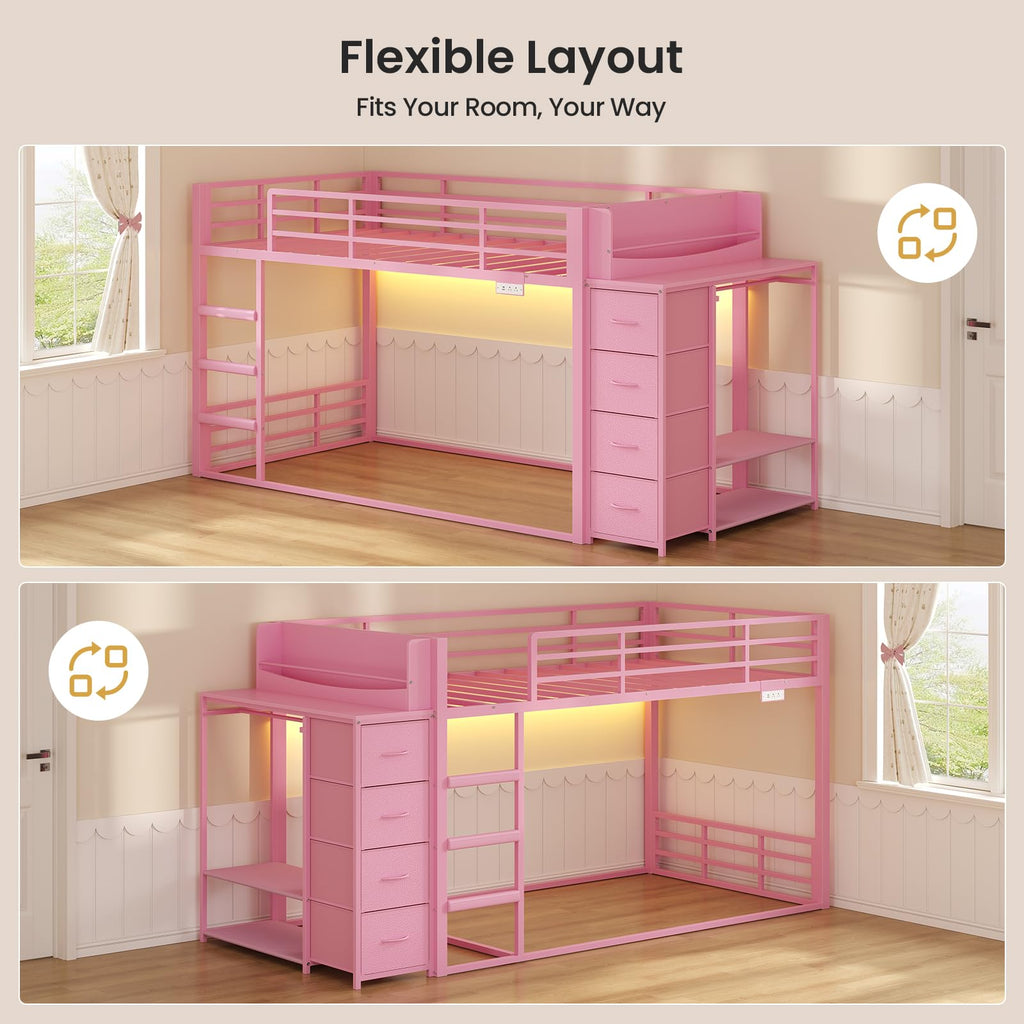 Pink Twin Over Twin Bunk Bed with Bookshelf & Storage Drawer O2541