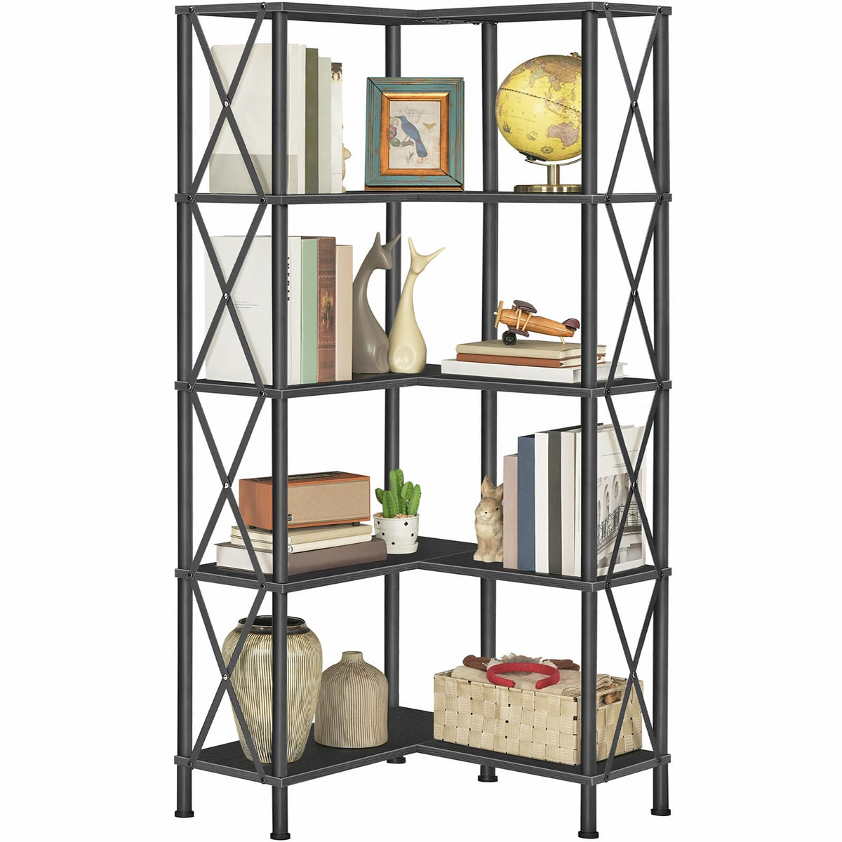 Black 5-Tier L-Shaped Corner Bookshelf O7718
