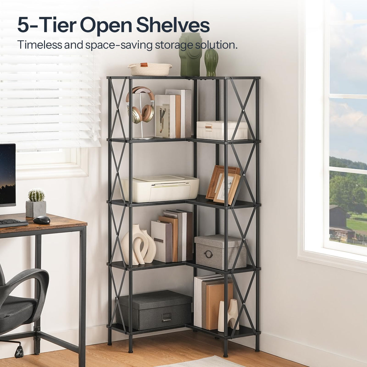 Black 5-Tier L-Shaped Corner Bookshelf O7718