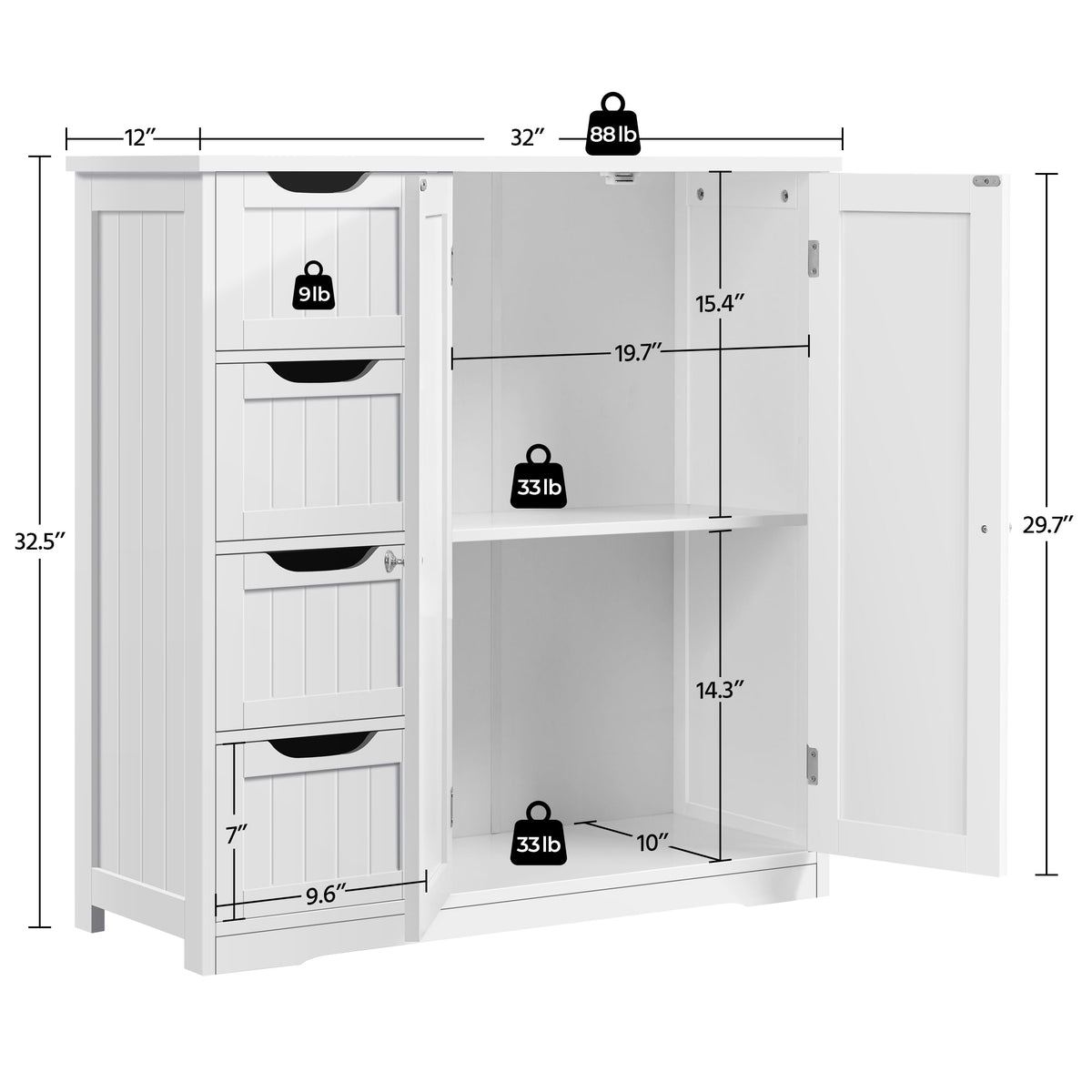 White 4 Drawer 2 Door Bathroom Storage Cabinet Y799134
