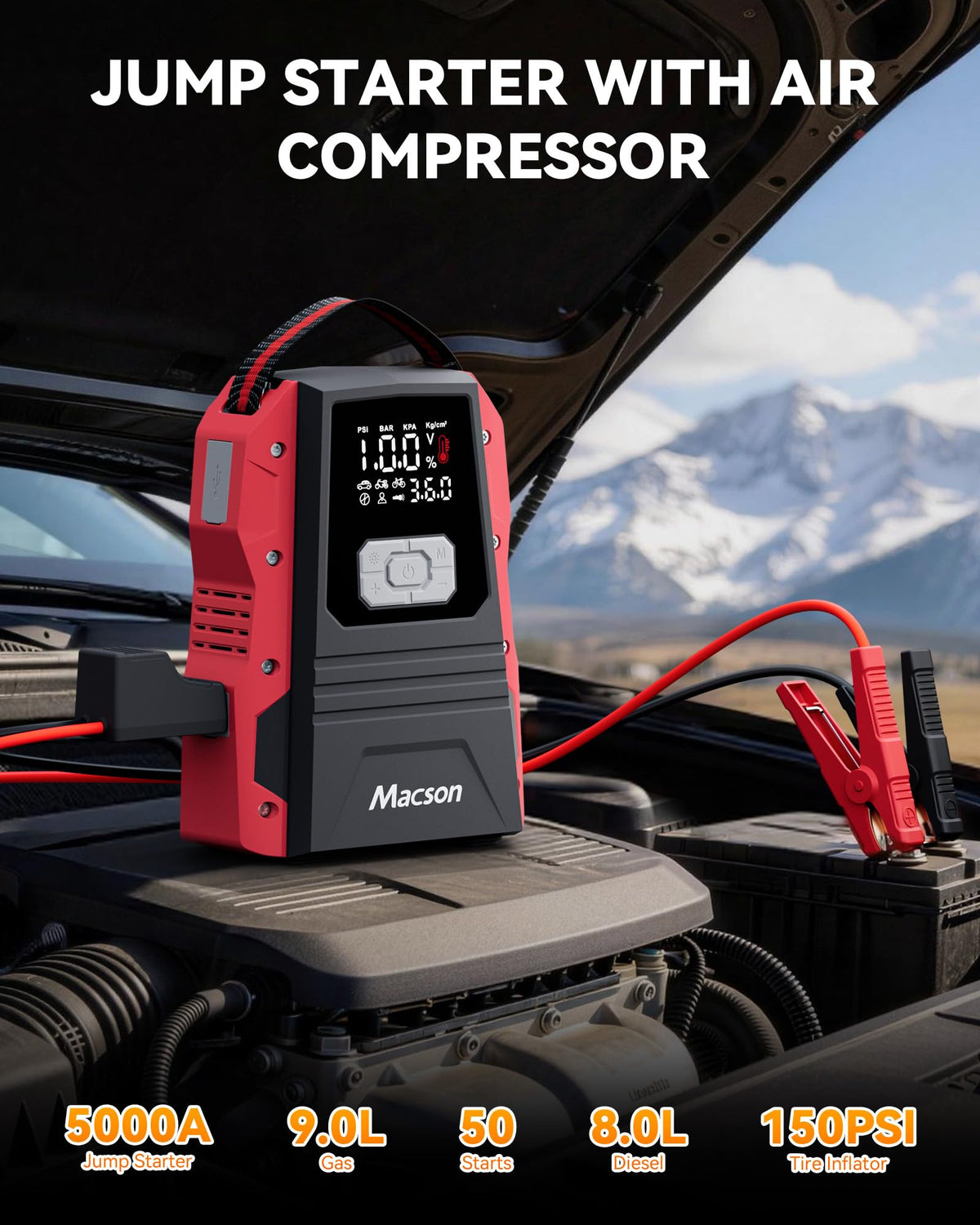 Portable 12V Jump Starter with Air Compressor and 150PSI Tire Inflator S4401