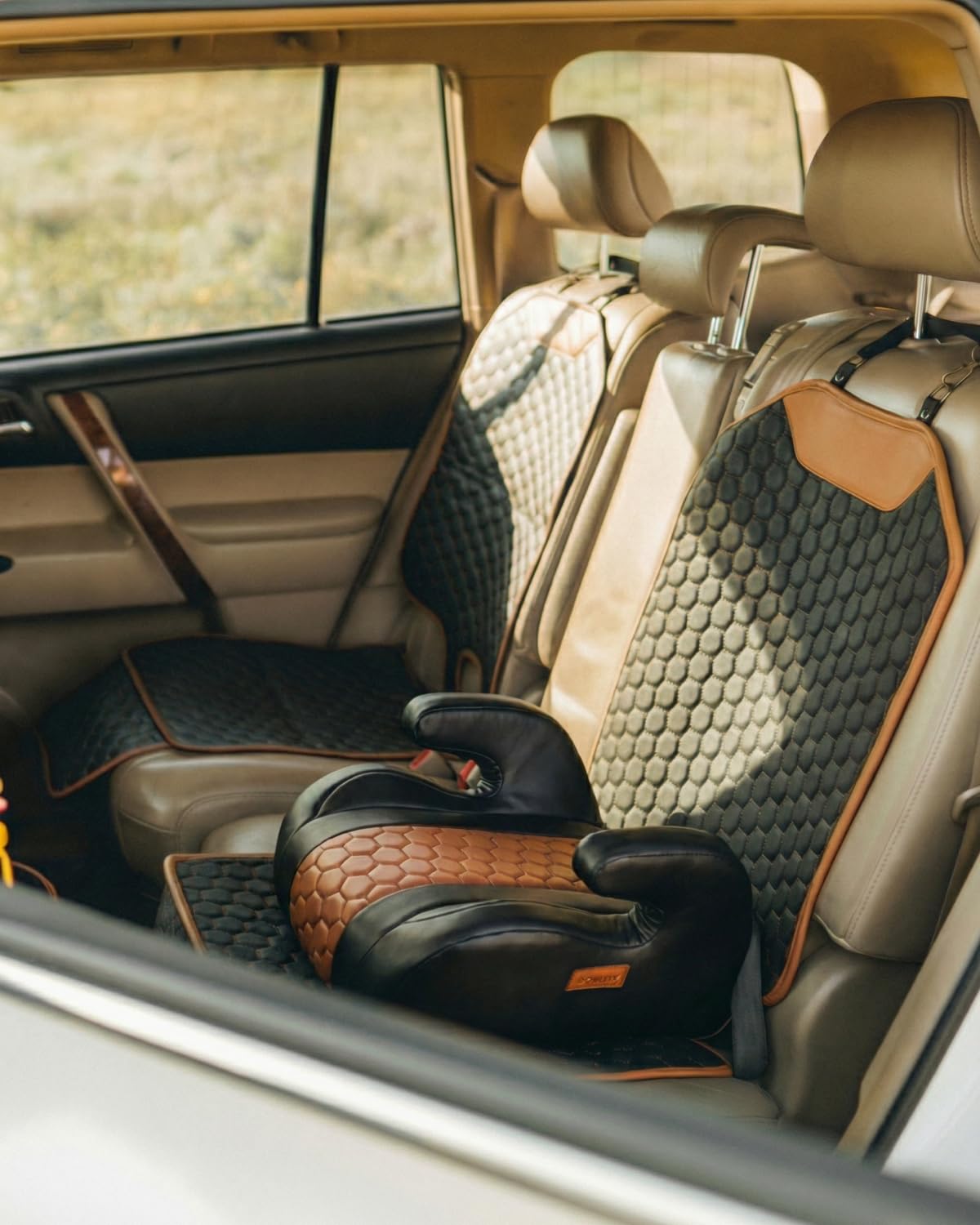 Black-Brown Backless Booster Seat, Waterproof Leather Seat Protector & Kick Mat Set H95743